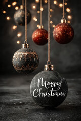 Merry Christmas design with ornaments and glowing garlands on black marble