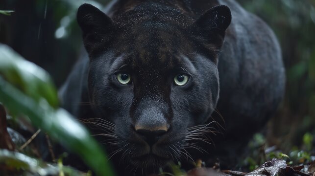 Panth&egrave;re noire &eacute;lanc&eacute;e, tapie et pr&ecirc;te &agrave; bondir