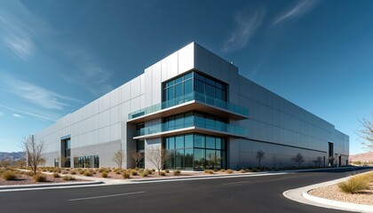 Obraz premium Modern industrial building exterior with gray metal facade, large glass windows. Corporate office logistics center in business park. Commercial property with new asphalt road, landscaping under clear