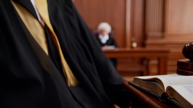 Courtroom scene with judge, gavel, and open book