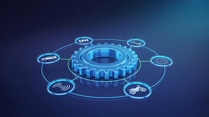 Seamless connectivity shown by cogwheel with car, riders, motorcycle, wifi, globe, and signal icons for modern transport solutions and network innovations