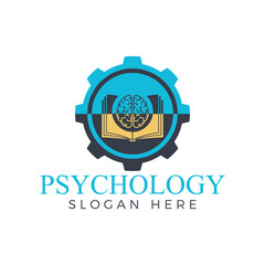 Psychology logo design with brain and book inside gear creative mind, learning, and education concept for clinic
