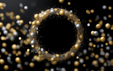 Black background with a glowing halo made of gold and silver sparkling confetti, glitter and balls, in the shape of an eclipse.