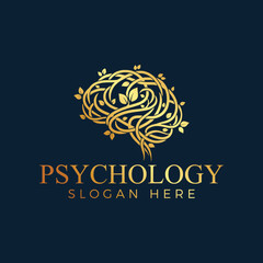Fototapeta premium Psychology logo design with brain and leaves isolated on dark blue background creative mind, nature, and organic concept for clinic