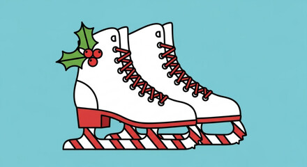 Fototapeta premium Festive ice skates with holly for winter fun and holiday cheer, a seasonal graphic perfect for Christmas cards and winter promotions with vector origins