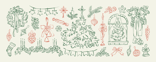 Christmas hand drawn chalk elements. Vintage Christmas and New Year line art doodles. Retro whimsical winter holiday charcoal sketch. Christmas drawing set for card, poster, poster, party invitations.