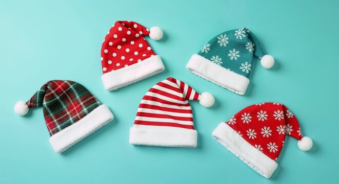 Vibrant christmas santa hats on teal background - Powered by Adobe