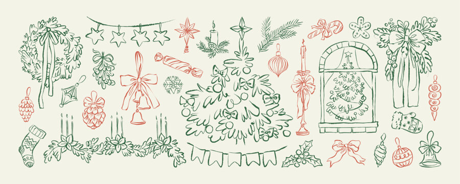 Christmas hand drawn chalk elements. Vintage Christmas and New Year line art doodles. Retro whimsical winter holiday charcoal sketch. Christmas drawing set for card, poster, poster, party invitations.