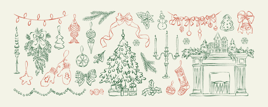 Christmas hand drawn chalk elements. Vintage Christmas and New Year line art doodles. Retro whimsical winter holiday charcoal sketch. Christmas drawing set for card, poster, poster, party invitations.