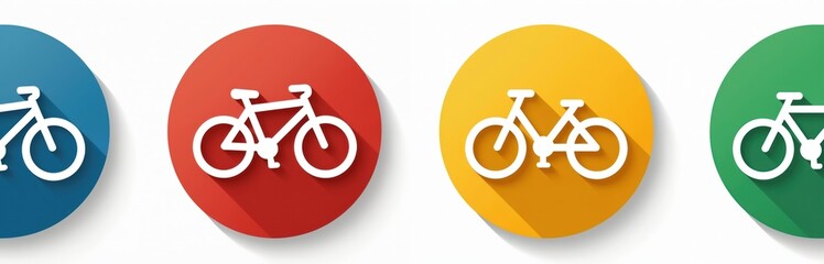 Set of colorful round buttons with white bicycle icons. Modern flat design pictograms with long shadow. Web interface app for urban mobility, eco transport, sport. Blue, red, yellow, green choice
