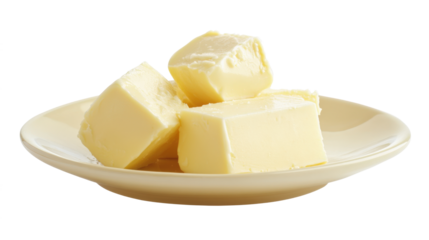 A plate of butter is on a white background. The butter is cut into four pieces and arranged on the plate