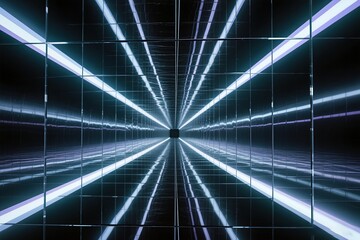 Fototapeta premium Converging neon tunnel with mirrored lines immersive installation evokes futuristic motion and symmetry, glowing linear lights