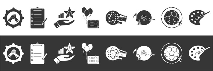 A collection of illustrated glyph sponsor icons includes support, projects, benefits, events, movies, music, sports, art with different colors and backgrounds.