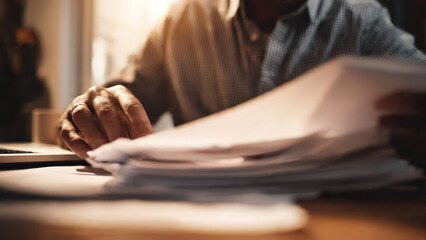 Close-up view of a man sorting through paperwork while working at his desk. Ideal for concepts like administration, organization, budgeting, or professional document review.
