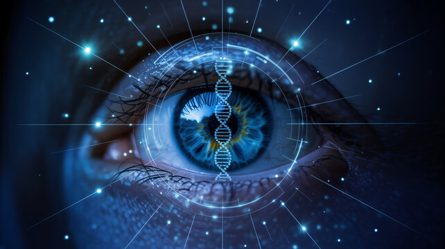 Mysterious blue eye with DNA helix and futuristic digital overlay evokes innovation, science, and the future of medical technology and genetic research