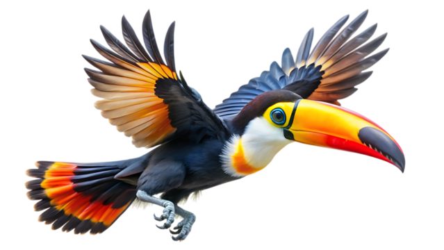 A vibrant toucan bird with striking orange, black, and blue plumage in midflight, showcasing its iconic large, colorful beak, isolated on a clean transparent background