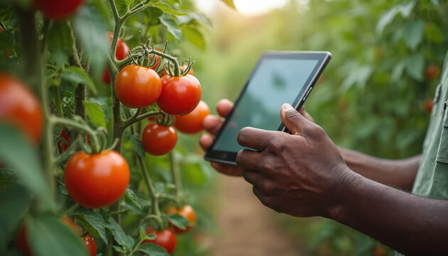African farmer checks tomato crop quality with a tablet in field. He uses tech for garden plant health and growth monitoring, harvest control, online farming. Fresh organic vegetables industry.