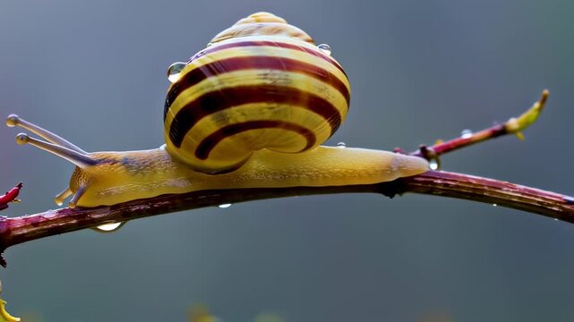 Close-up of a snail with a striped shell on a branch covered in dew drops