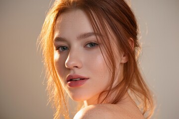 Soft over shoulder portrait redhead woman gazing pensive expression warm rim light bare shoulder delicate makeup creative studio