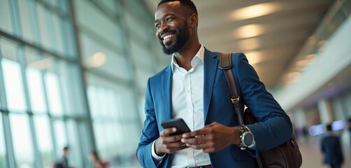 Happy african businessman walks at airport with smartphone. Man in suit uses mobile phone, looks away, carries bag. Person travels, smiles indoors at modern terminal. Passenger checks email, uses app.