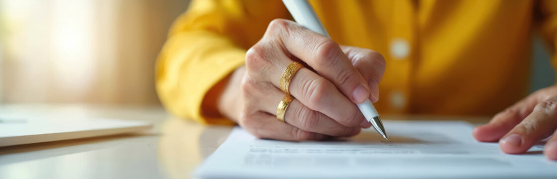 Senior woman signs agreement document. Hand holds white pen, filling out form. Adult female client handles paperwork, making signature on contract. Financial planning, retirement, insurance,