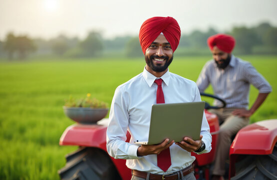 Smiling young Indian man in traditional turban holds laptop in rich green farm field. Another man sits on tractor behind. Modern farming, agriculture tech and business.