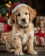 Christmas puppy with gold bell collar sitting by glowing tree