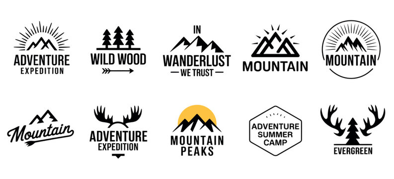 Mountain adventure logo designs in vintage style for branding and badges