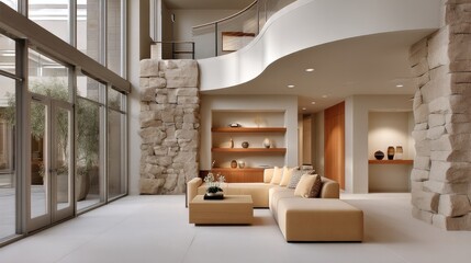 Naklejka premium A luxurious residential living room interior viewed from the kitchen area, showing a balanced two-part composition.