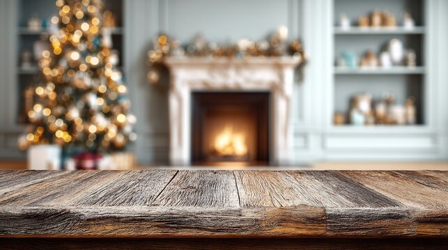 Empty wooden desk with a blurred Christmas living room and fireplace in the background, perfect for product display collages and holiday season presentations.