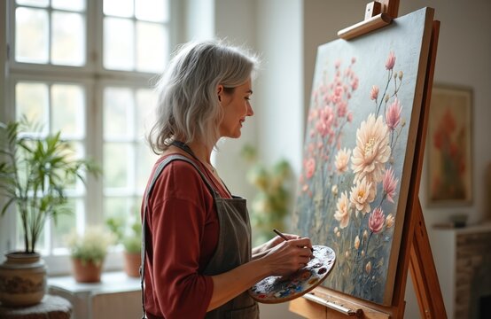 Mature woman artist with gray hair paints floral artwork on canvas. She uses palette and brush in studio. Creative hobby, art occupation in retirement. Beautiful painting process.
