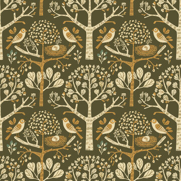 Seamless Woodland Bird in Nest and Stylized Tree Pattern - Cozy Folk Art Scandi Forest Background Vector SVG