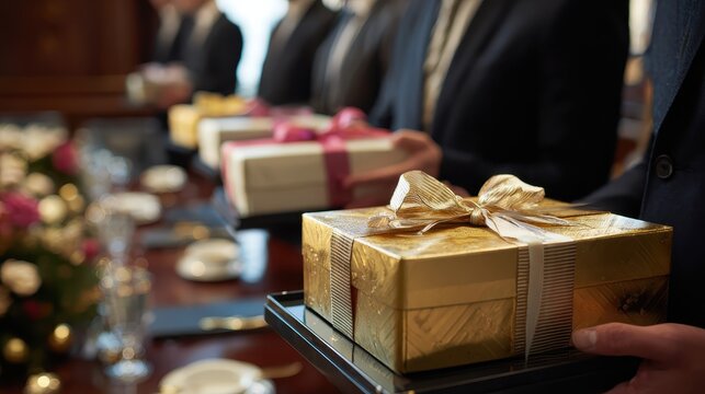 A man in a suit holding a gold gift box