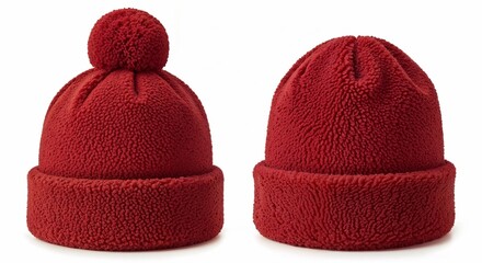 Warm red fleece beanie with and without pompom