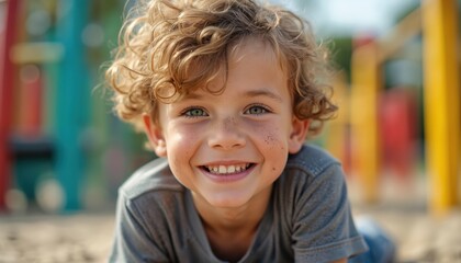 Young boy with curly hair lies in sand smiling brightly. He has green eyes and a playful look, with colorful playground equipment in blurred background. Child enjoys outdoor activity.