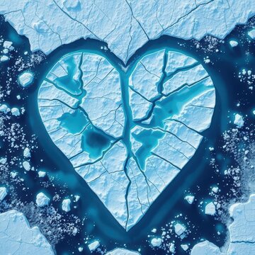 Aerial view of melting heart-shaped iceberg breaking apart, symbolizing climate change and loss