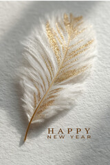 Happy New Year design with glitter feathers on pearl white