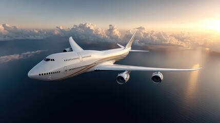 Fototapeta premium A sleek white and gold futuristic aircraft flying above the ocean during sunrise.
