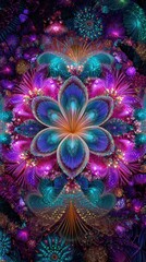 An intricate floral artwork featuring vibrant blues, purples, teals and gold, creating a mesmerizing tapestry of abstract botanical forms.