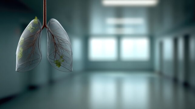 Human lungs as a flying butterfly, abandoned dark hospital as blurred background.