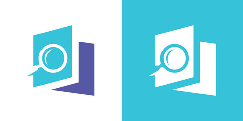 Book Search Logo — A dual-meaning design combining a book and magnifying glass, symbolizing knowledge, research, and learning discovery.