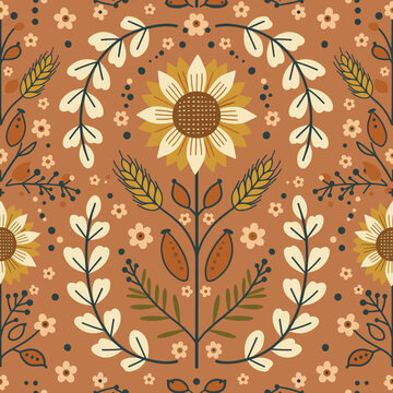 Seamless Folk Art Sunflower and Wheat Pattern - Rustic Scandinavian Floral Harvest Vector Background SVG