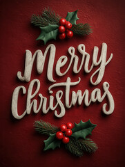 Merry Christmas template with holly berries on red background