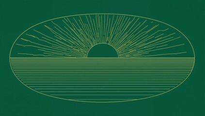 Minimalist sunrise line art with green background and yellow geometric sun rays for modern decor and design