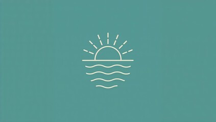 Minimalist sunrise over waves icon on teal background  modern sun and sea outline, summer beach symbol, simple line drawing design
