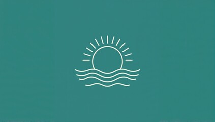 Minimalist sunrise line art icon with waves on teal background for modern branding and design projects