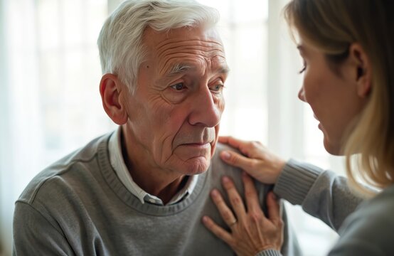 Mature woman gently touches older man shoulder. She offers support and empathy to him. They share a moment of comfort and understanding. Their bond shows care and connection between generations.