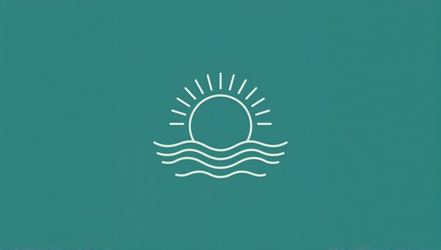 Minimalist sunrise line art icon with waves on teal background for modern branding and design projects