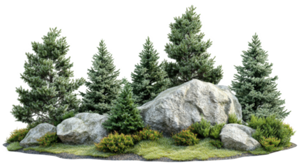 A rock covered in moss sits in front of a group of pine trees
