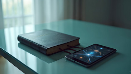 Bible and digital tablet rest on a glass table. The photo symbolizes faith tradition and tech integration. It is suitable for religious articles spiritual themes.